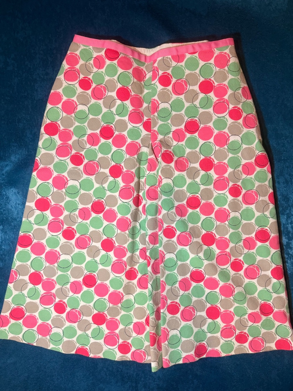Boden Pink, Mint & Beige Circle-Print A-Line Skirt with Hot Pink Waist Trim